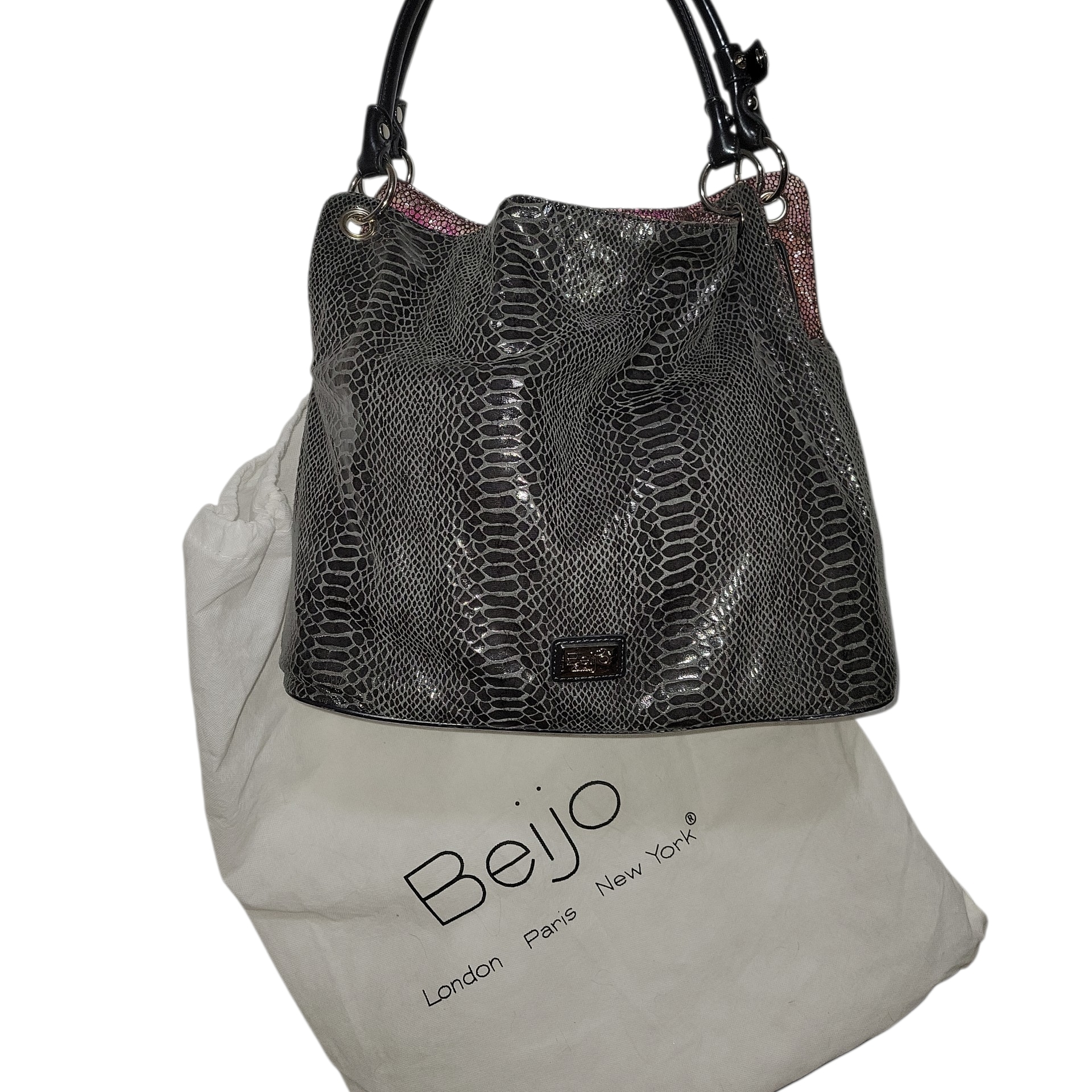 Beijo Couture Gray Snake Print Slouchy Reversible Shoulder Bag With Dustbag